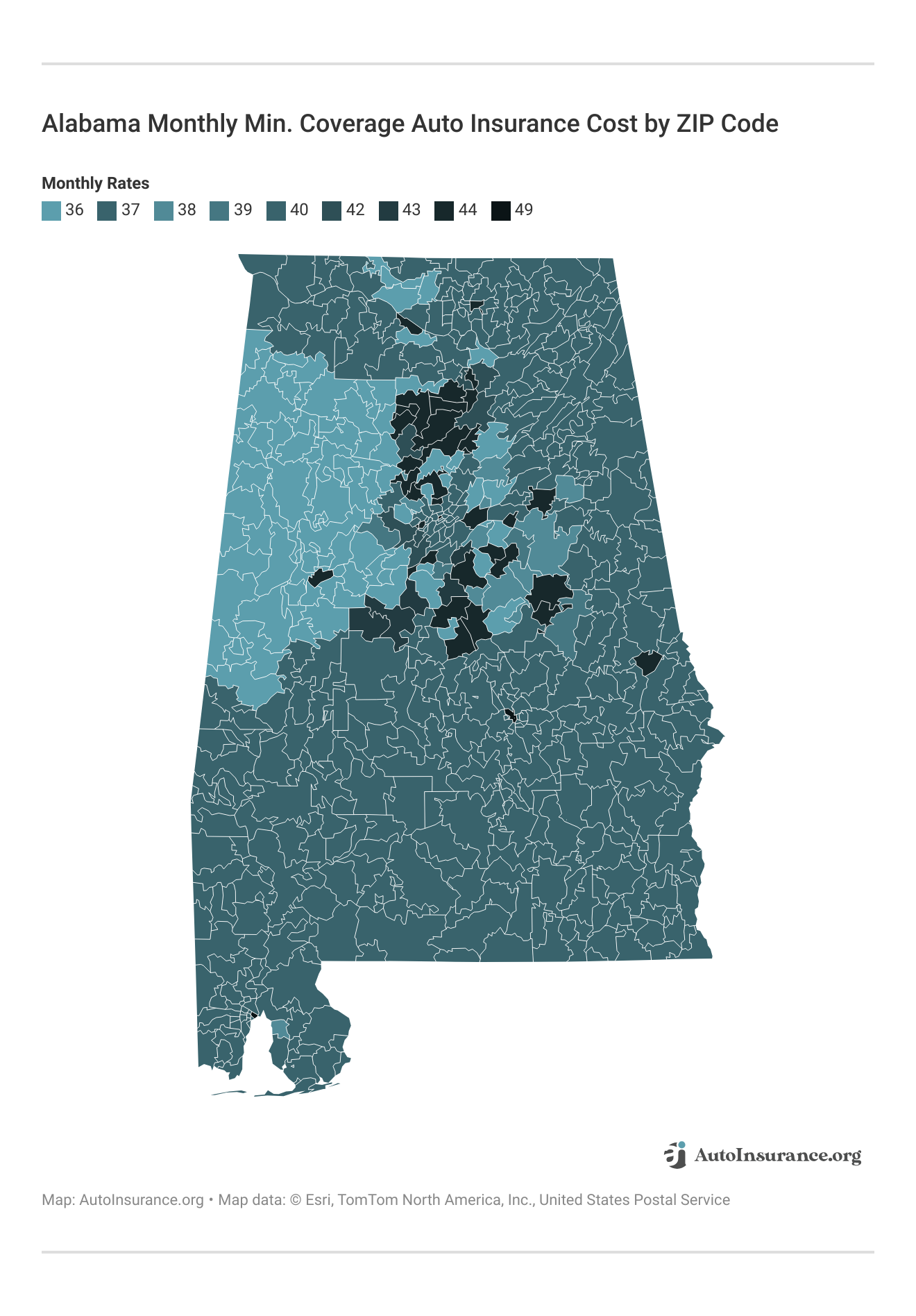 <h3>Alabama Monthly Min. Coverage Auto Insurance Cost by ZIP Code</h3>