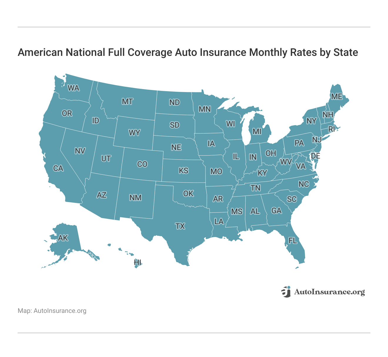 <h3>American National Full Coverage Auto Insurance Monthly Rates by State</h3>