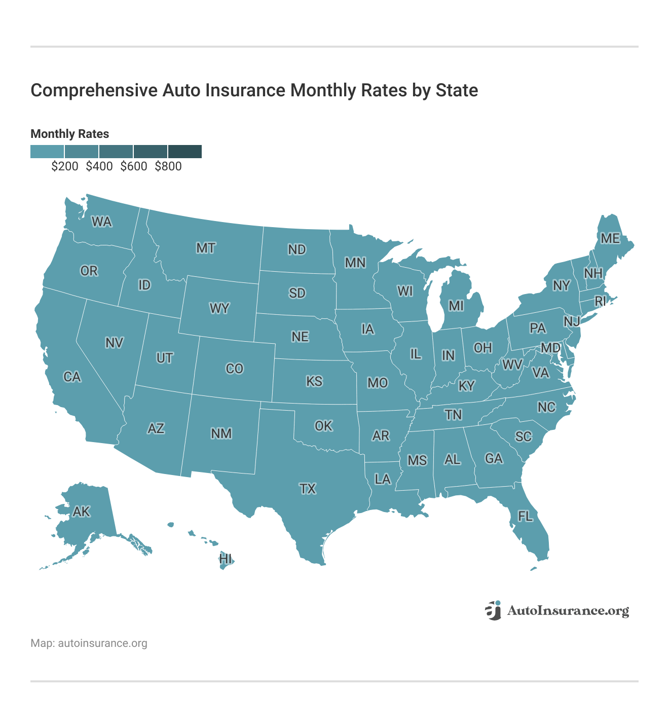 <h3>Comprehensive Auto Insurance Monthly Rates by State</h3>