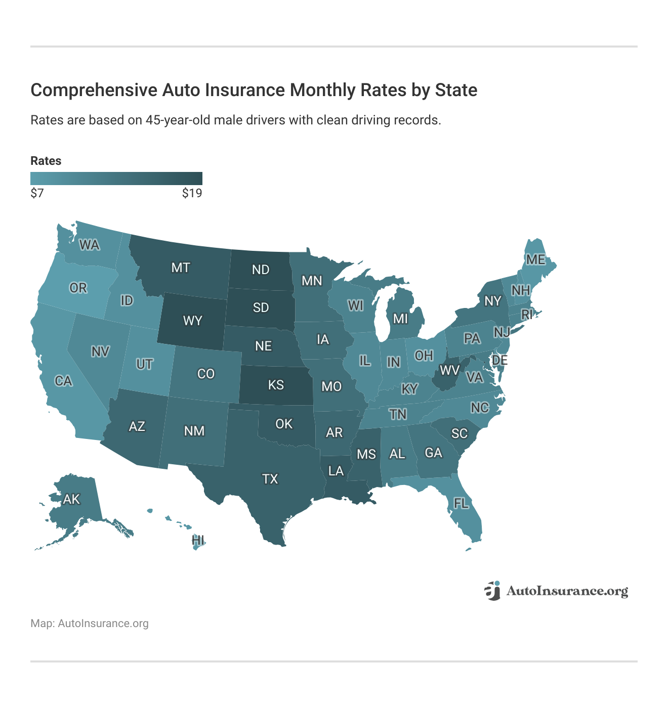 <h3>Comprehensive Auto Insurance Monthly Rates by State</h3>