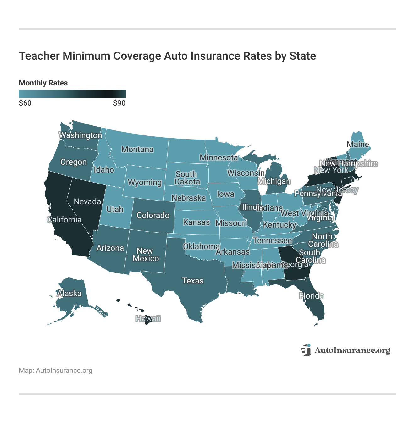 <h3>Teacher Minimum Coverage Auto Insurance Rates by State</h3>